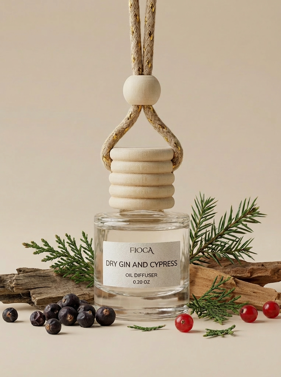 Oil diffuser labeled 'Dry Gin and Cypress' by Fioca with natural elements on a beige background