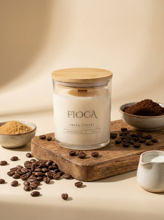 Fioca candle with coffee beans and a wooden board on a beige background