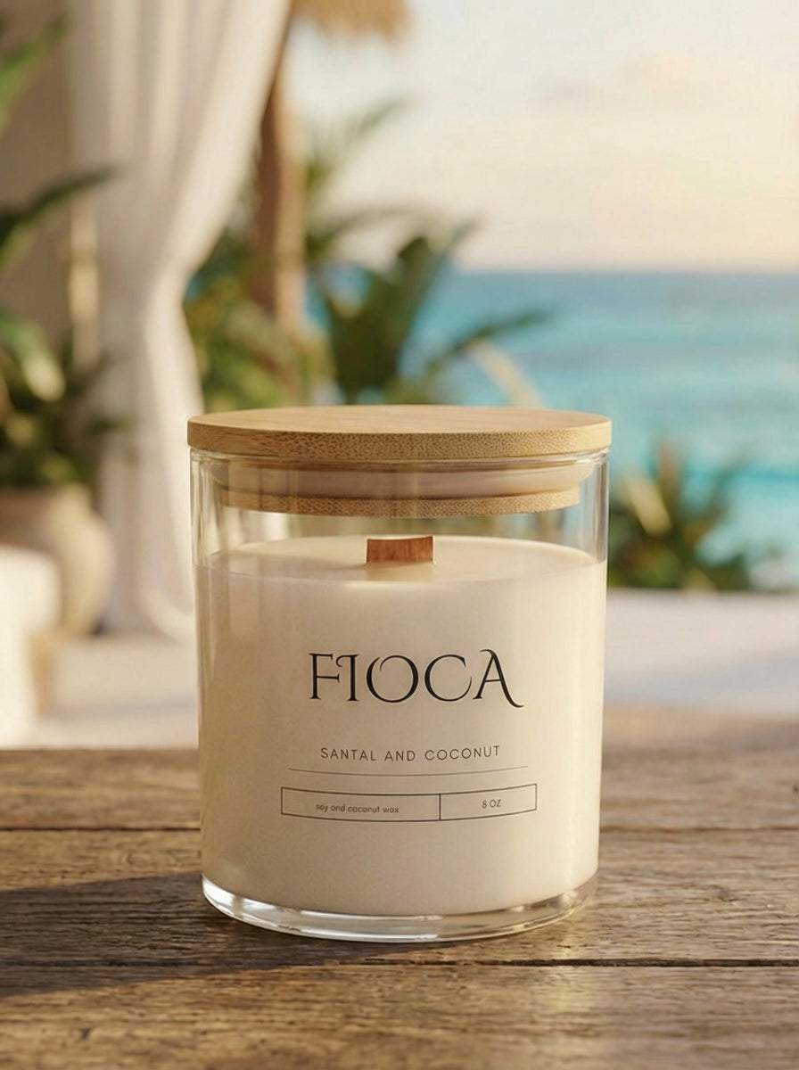 Fioca candle with a wooden lid on a wooden surface with a blurred beach background