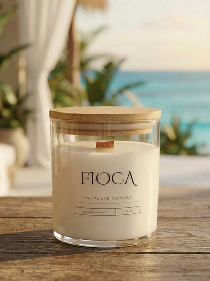 Fioca candle with a wooden lid on a wooden surface with a blurred beach background