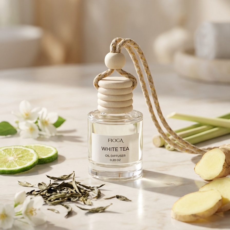 Froca White Tea oil diffuser on a table with limes, ginger, and flowers.