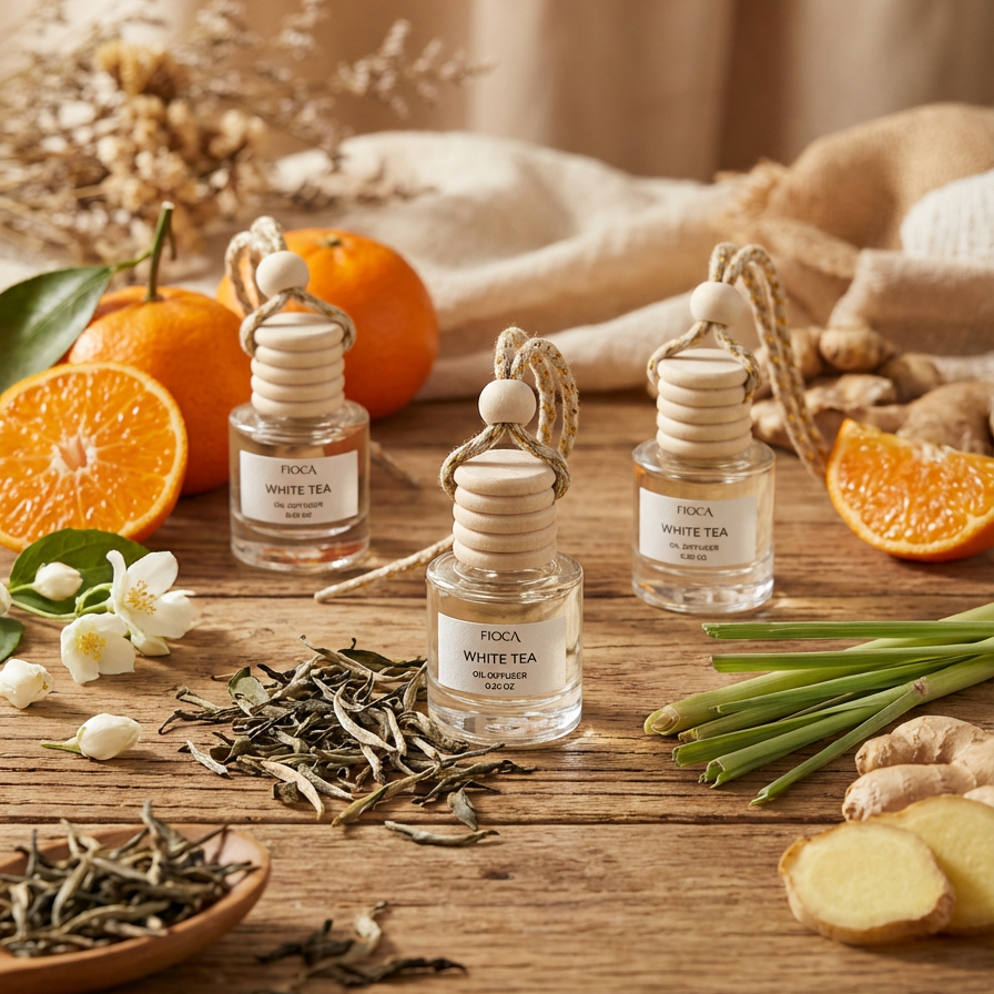 Three small bottles of white tea car diffuser on a wooden surface with oranges, leaves, and ginger.