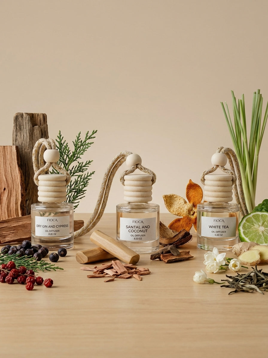 Three car diffuser bottles with wooden nozzles on a wooden surface with natural elements.