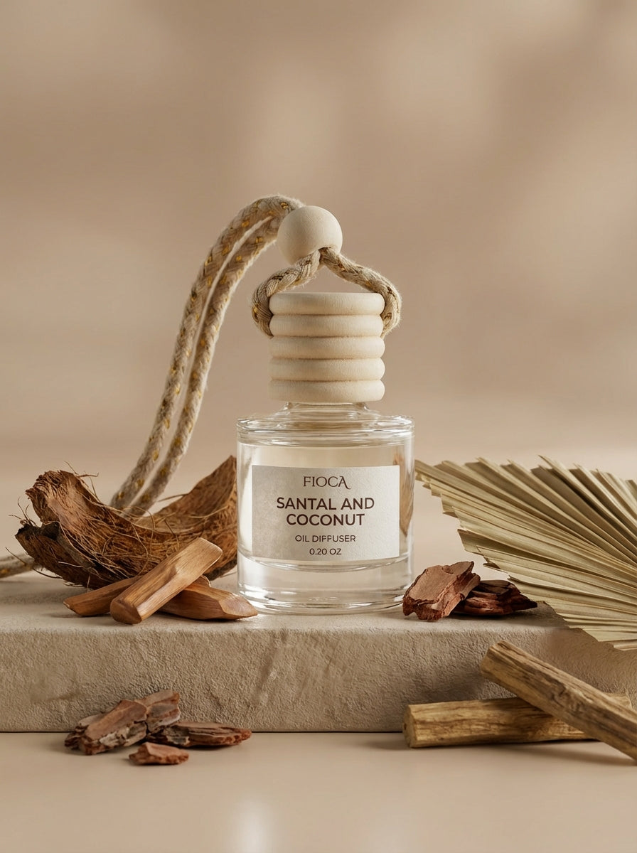 Fioca Santal and Coconut car diffuser with natural elements on a beige background