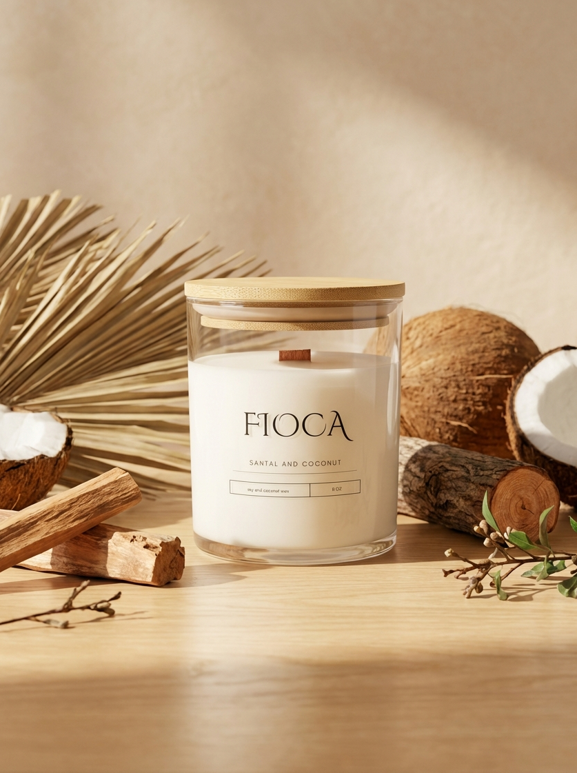 Fioca candle with coconuts and dried palm leaves on a wooden surface